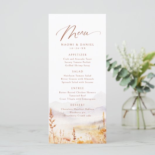 Fall Watercolor Wildflower Mountain Rustic Wedding Menu (Staand voorkant)