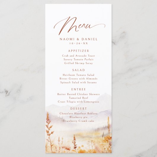 Fall Watercolor Wildflower Mountain Rustic Wedding Menu (Voorkant)
