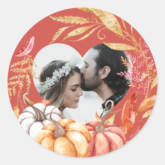 Fall Weddenschap Pumpkin Heart Shape Foto Warm Red Ronde Sticker (Voorkant)