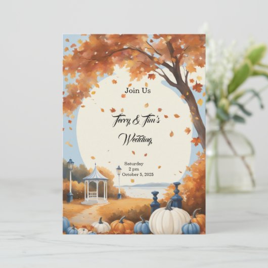 Fall Wedding Blauw Wit Pompoenen Kaart (Staand voorkant)