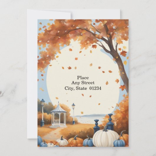 Fall Wedding Blauw Wit Pompoenen Kaart (Achterkant)