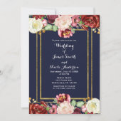 Fall Wedding Blue en Gold Chic Bold Floral Marsala Kaart (Voorkant)