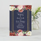 Fall Wedding Blue en Gold Chic Bold Floral Marsala Kaart (Staand voorkant)