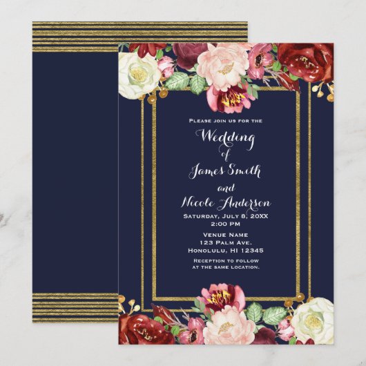 Fall Wedding Blue en Gold Chic Bold Floral Marsala Kaart (Voorkant / Achterkant)