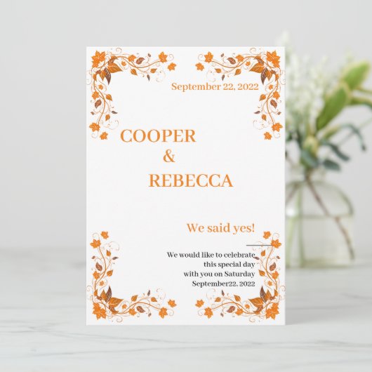 Fall Wedding Cooper & Rebecca Invitation Kaart (Staand voorkant)