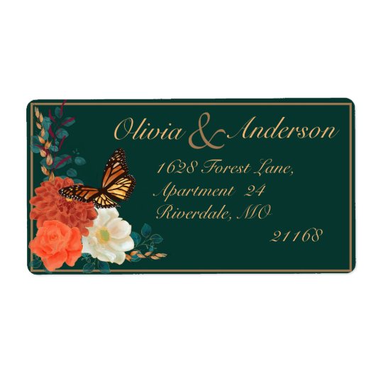 Fall Wedding Donkergroen Bloemmonarch vlinder Etiket (Voorkant)