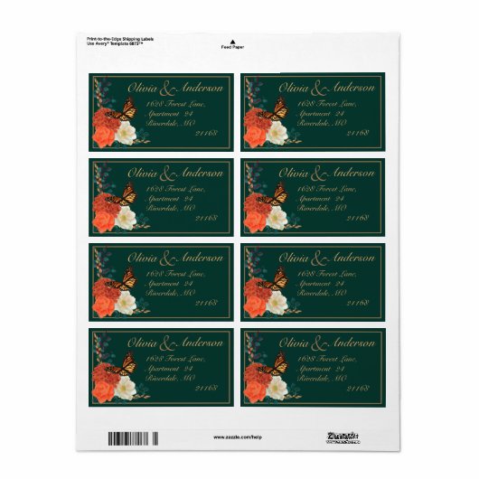 Fall Wedding Donkergroen Bloemmonarch vlinder Etiket (Full Sheet)