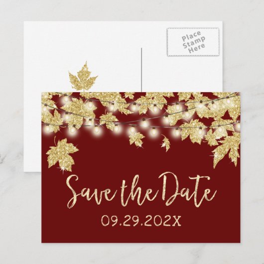 Fall Wedding Gold Leaves Burgundy Save the Date Aankondigingskaart (Voorkant / Achterkant)
