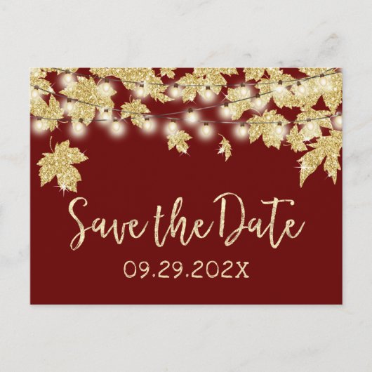 Fall Wedding Gold Leaves Burgundy Save the Date Aankondigingskaart (Voorkant)