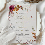 Fall Wedding Invitation Burnt Oranje Modern Script Folie Uitnodiging<br><div class="desc">Vier uw trouwdag met deze Elegante herfst bloemenbruiloft uitnodigingsset. Het ontwerp heeft een prachtige indeling van rijke, herfstbloemen in tinten van bordeaux, goud en blos, geaccentueerd met delicaat groen. De voorkant toont uw namen en trouwdetails omkaderd door het bloemontwerp, terwijl de achterkant het motief voortzet voor een samenhangende en verbluffende...</div>