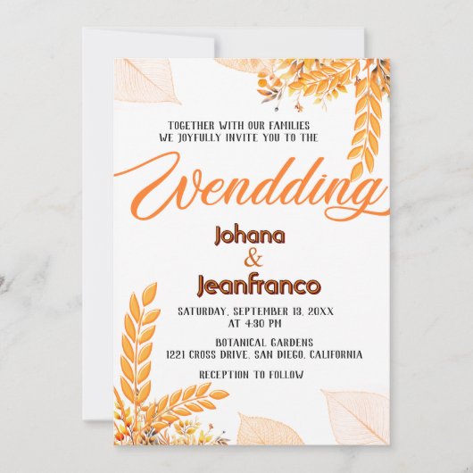 Fall Wedding Invitation Oranje Modern Script Kaart (Voorkant)