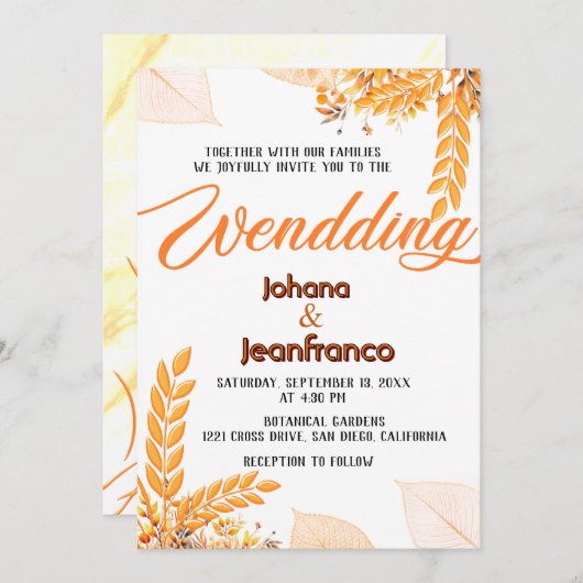 Fall Wedding Invitation Oranje Modern Script Kaart (Voorkant / Achterkant)