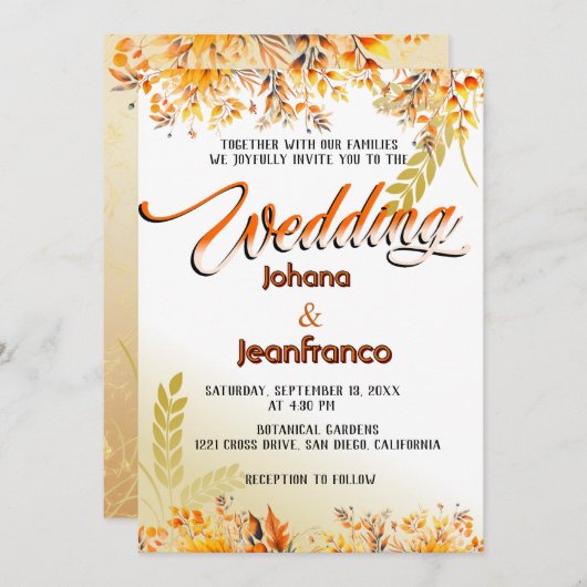 Fall Wedding Invitation Oranje Modern Script Kaart (Voorkant / Achterkant)