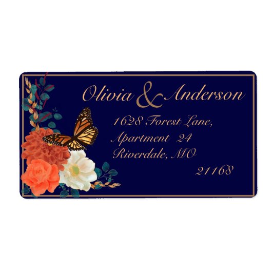 Fall Wedding Marine Blauwe Bloemen Monarch Vlinder Etiket (Voorkant)