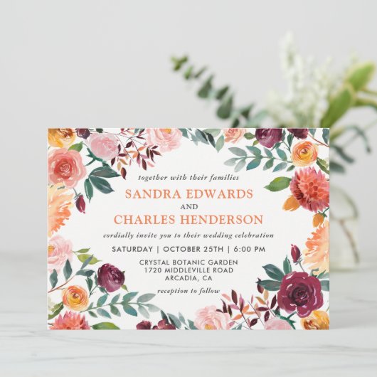 Fall Wedding Marsala Roze Oranje Botanisch Kaart (Staand voorkant)