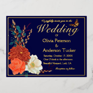 Fall Wedding Navy QRC Bloemen Monarch Vlinder Folie Uitnodiging Briefkaart
