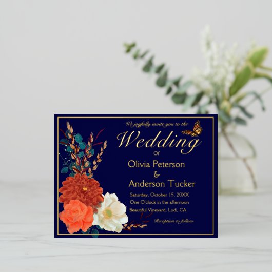 Fall Wedding Navy QRC Bloemen Monarch Vlinder Folie Uitnodiging Briefkaart (Staand Voorkant)