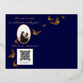 Fall Wedding Navy QRC Bloemen Monarch Vlinder Folie Uitnodiging Briefkaart (Achterkant)