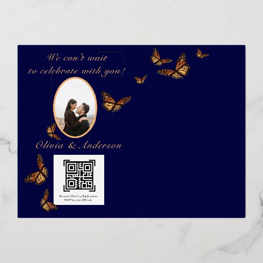 Fall Wedding Navy QRC Bloemen Monarch Vlinder Folie Uitnodiging Briefkaart (Achterkant)