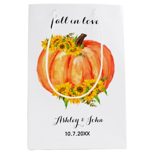 Fall Wedding Oranje Floral Pumpkin Medium Cadeauzakje (Voorkant)