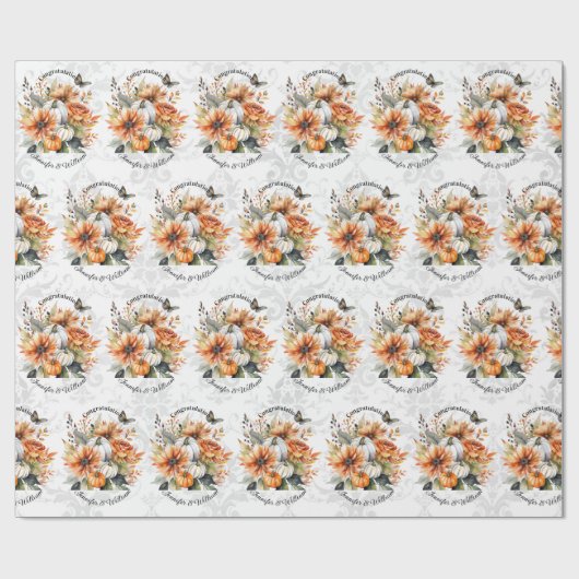 Fall Wedding Personaliseer Namen Pompoen Mums Roll Cadeaupapier (Vlak)