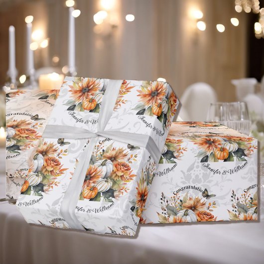 Fall Wedding Personaliseer Namen Pompoen Mums Roll Cadeaupapier