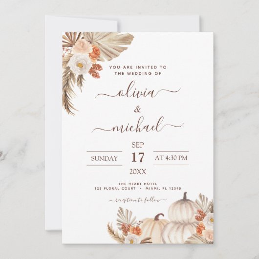 Fall Wedding Pumpkins Pampas Grass Terracotta Kaart (Voorkant)