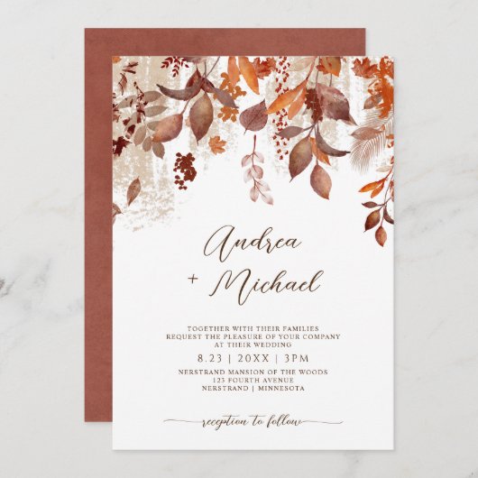 Fall Wedding Rust herfst Leaves Foliage Uitnodigin Kaart (Voorkant / Achterkant)