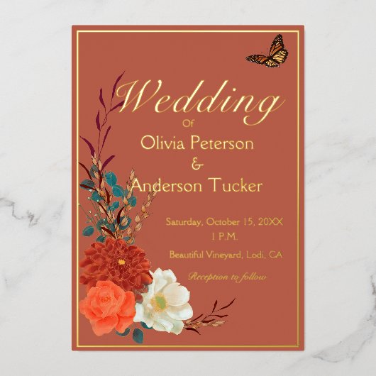 Fall Wedding Terracotta Floral Monarch Butterfly Folie Uitnodiging (Voorkant)