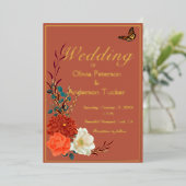 Fall Wedding Terracotta Floral Monarch Butterfly Folie Uitnodiging (Staand Voorkant)