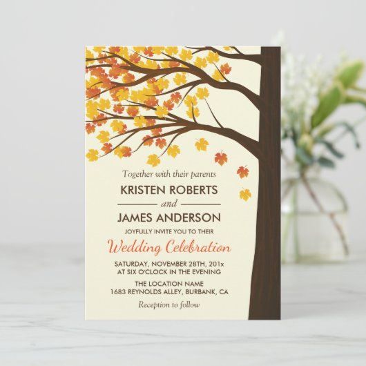 Fall Wedding Uitnodiging | Maple Leaves Autumn Tre (Staand voorkant)