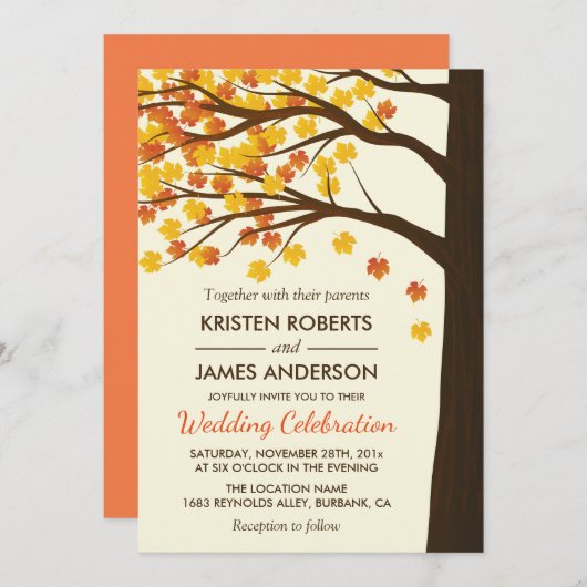 Fall Wedding Uitnodiging | Maple Leaves Autumn Tre (Voorkant / Achterkant)