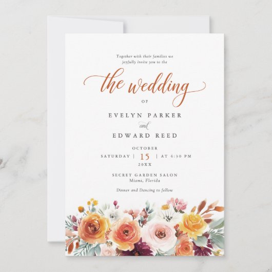 Fall Wedding Waterverf Bloemen Kaart (Voorkant)