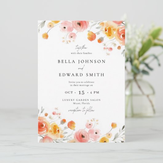 Fall Wedding Waterverf Bloemenuitnodiging Kaart (Staand voorkant)