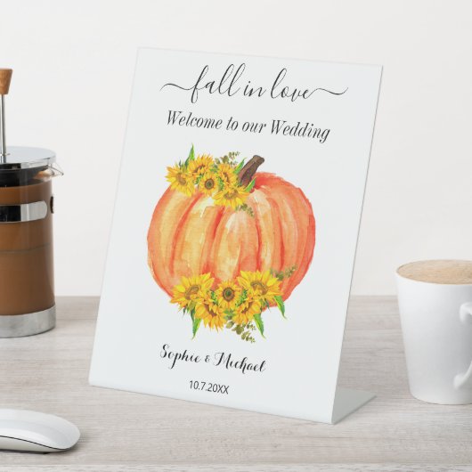 Fall Wedding Welcome Pumpkin Reclamebord Met Voetstuk (Insitu)