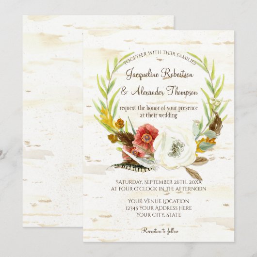 Fall Wedding Wreath Boho Feather Birch Bark Poppy Kaart (Voorkant / Achterkant)