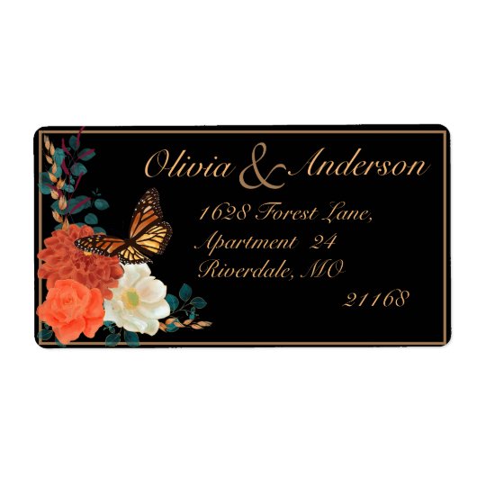 Fall Wedding Zwart Bloemen Monarch Butterfly Etiket (Voorkant)
