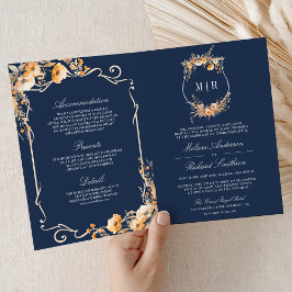 Fall Wildflower Crest Navy Blue QR Code Wedding