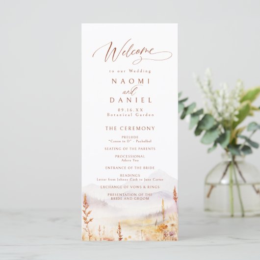 Fall Wildflower Mountain Rustic Wedding Programs Menu (Staand voorkant)