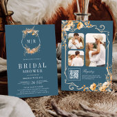 Fall Wildflower QR Code Dusty Blue Bridal Shower Kaart