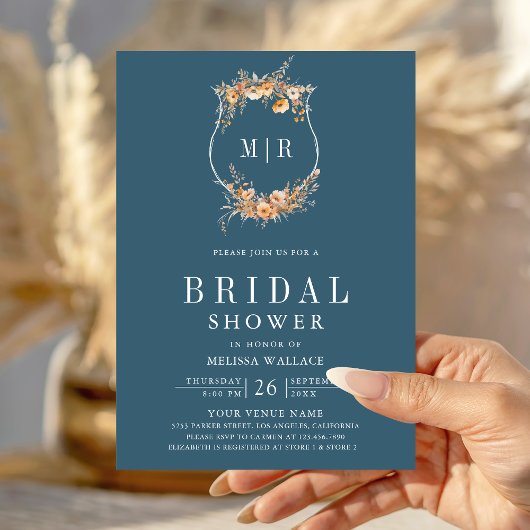 Fall Wildflower QR Code Dusty Blue Bridal Shower Kaart