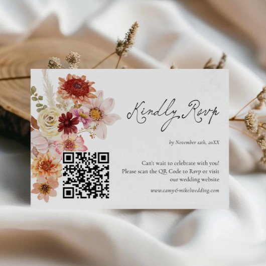 Fall Wildflower Wedding Rsvp QR Code Card Kaartje