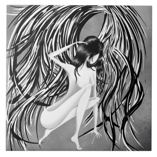 Fallen Angel Gray Monochrome Tegeltje (Voorkant)