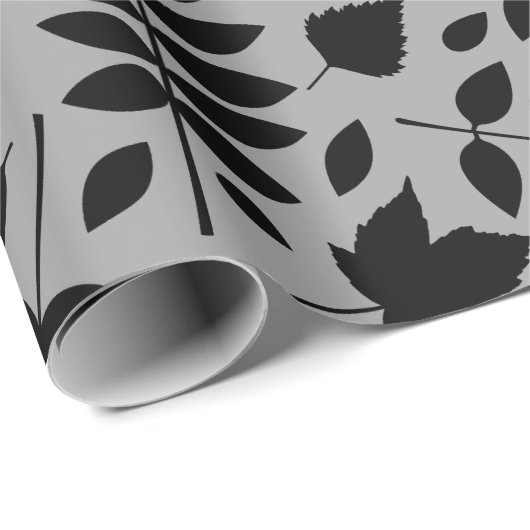 Fallen Leaves Big Pattern Black op grijs Cadeaupapier (Rol Hoek)