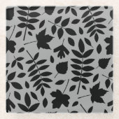 Fallen Leaves Big Pattern Black op grijs Glazen Onderzetter (Voorkant)