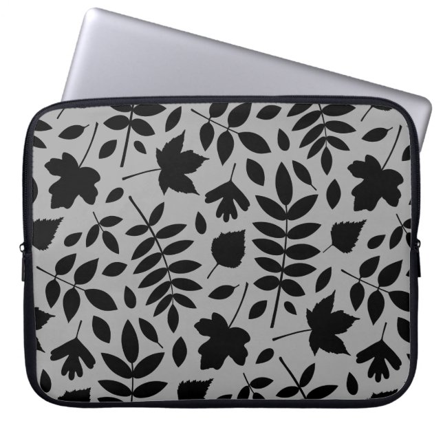 Fallen Leaves Big Pattern Black op grijs Laptop Sleeve (Voorkant)