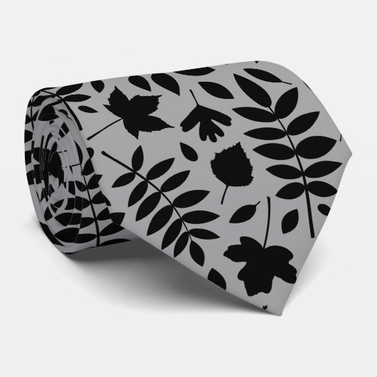 Fallen Leaves Big Pattern Black op grijs Stropdas (Opgerold)