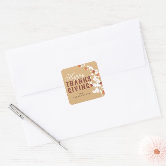 Falling Autumn Maple verliest Happy Thanksgiving Vierkante Sticker (Envelop)