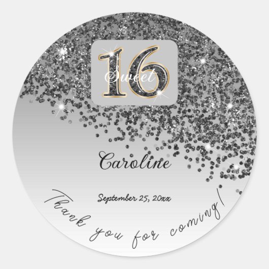 Falling Black Glitter, Sweet 16 Bedankt Ronde Sticker (Voorkant)