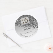 Falling Black Glitter, Sweet 16 Bedankt Ronde Sticker (Envelop)